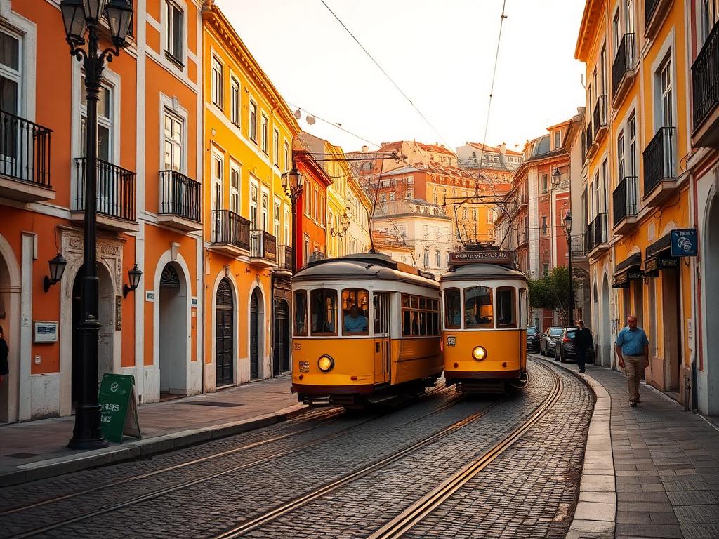 Yellow trams on a tiled Lisbon street in golden light