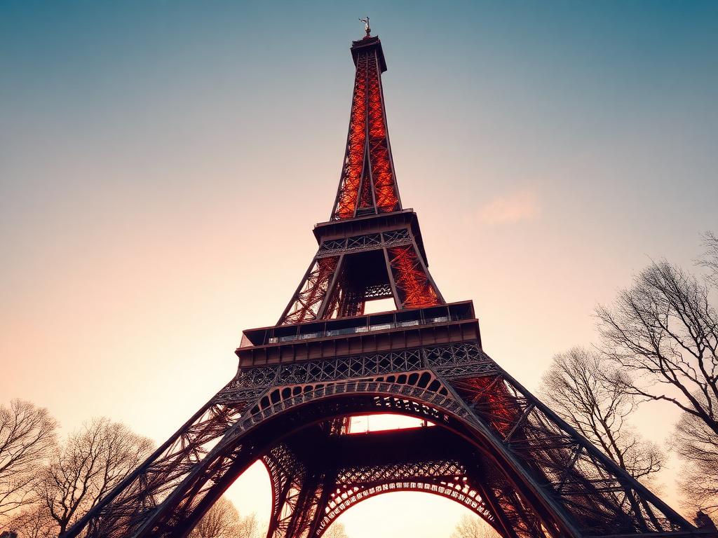 La tour Eiffel vue d'en bas à l'heure dorée
