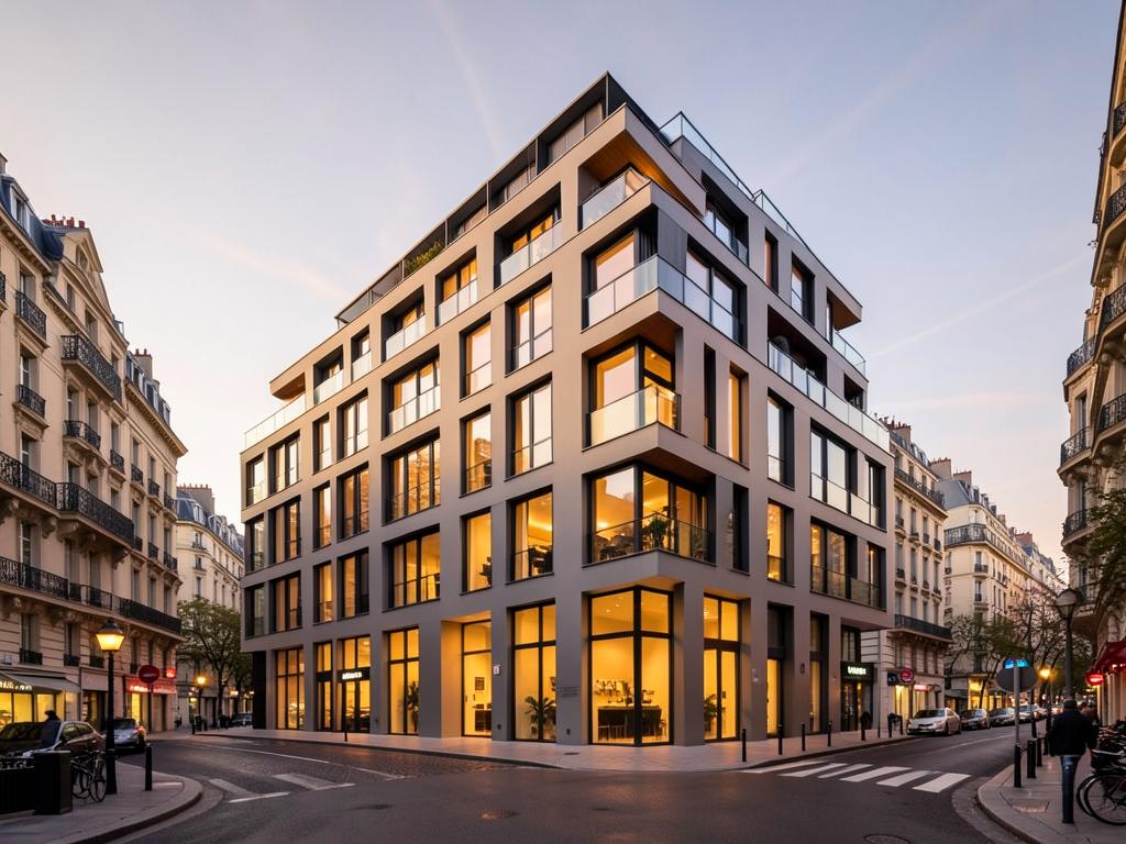Façade moderne de l'aparthôtel Zoku Paris au crépuscule